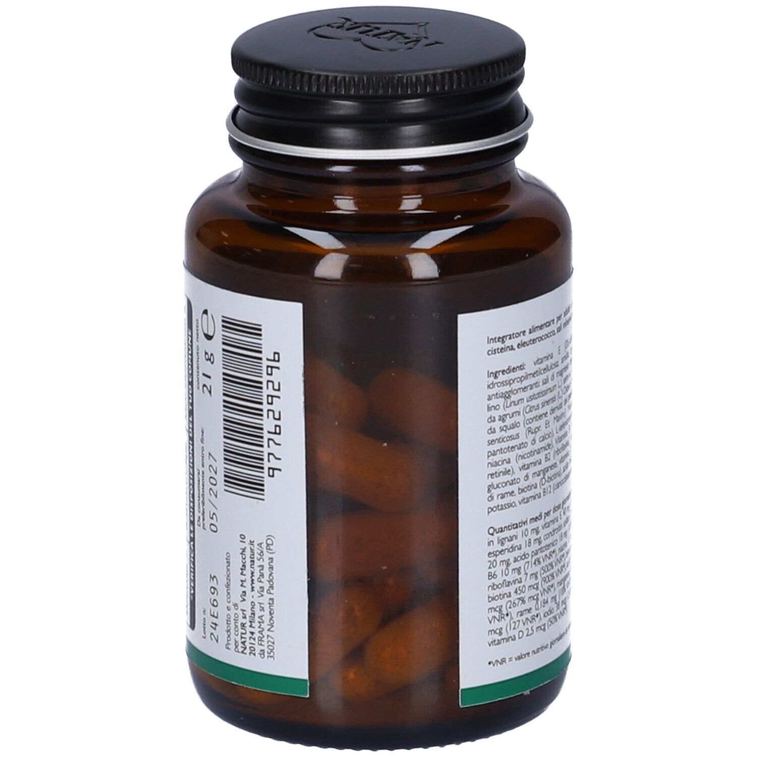 Flacone marrone con tappo nero. Retro con ingredienti e data di scadenza.