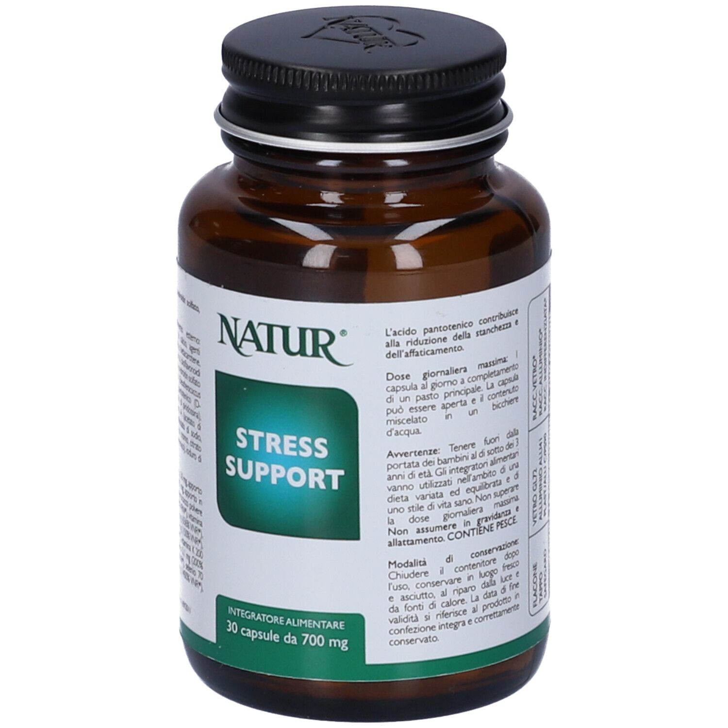 Flacone marrone con tappo nero. Etichetta con nome prodotto: Stress Support. 30 capsule.