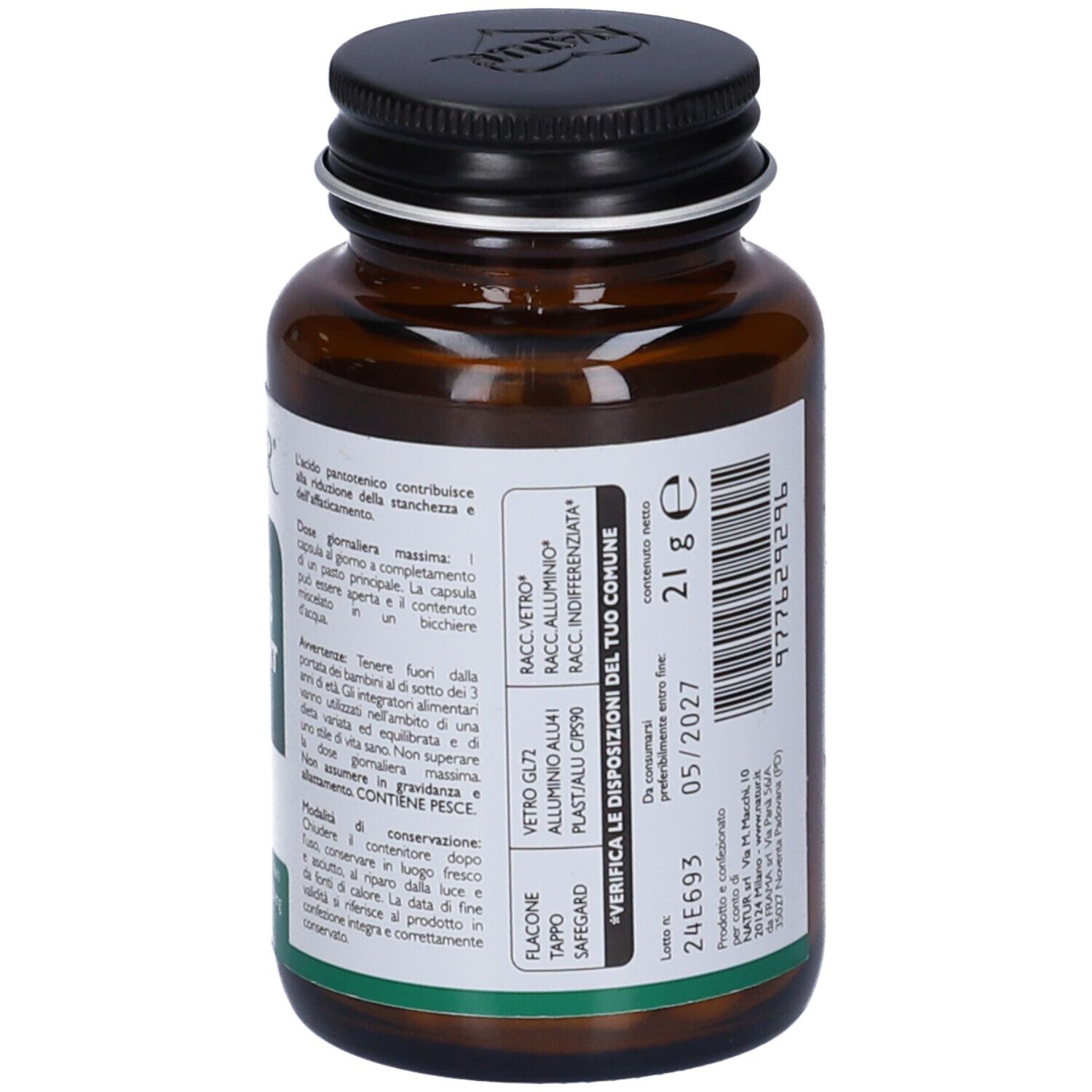 Flacone marrone con tappo nero. Retro con informazioni e data di scadenza.