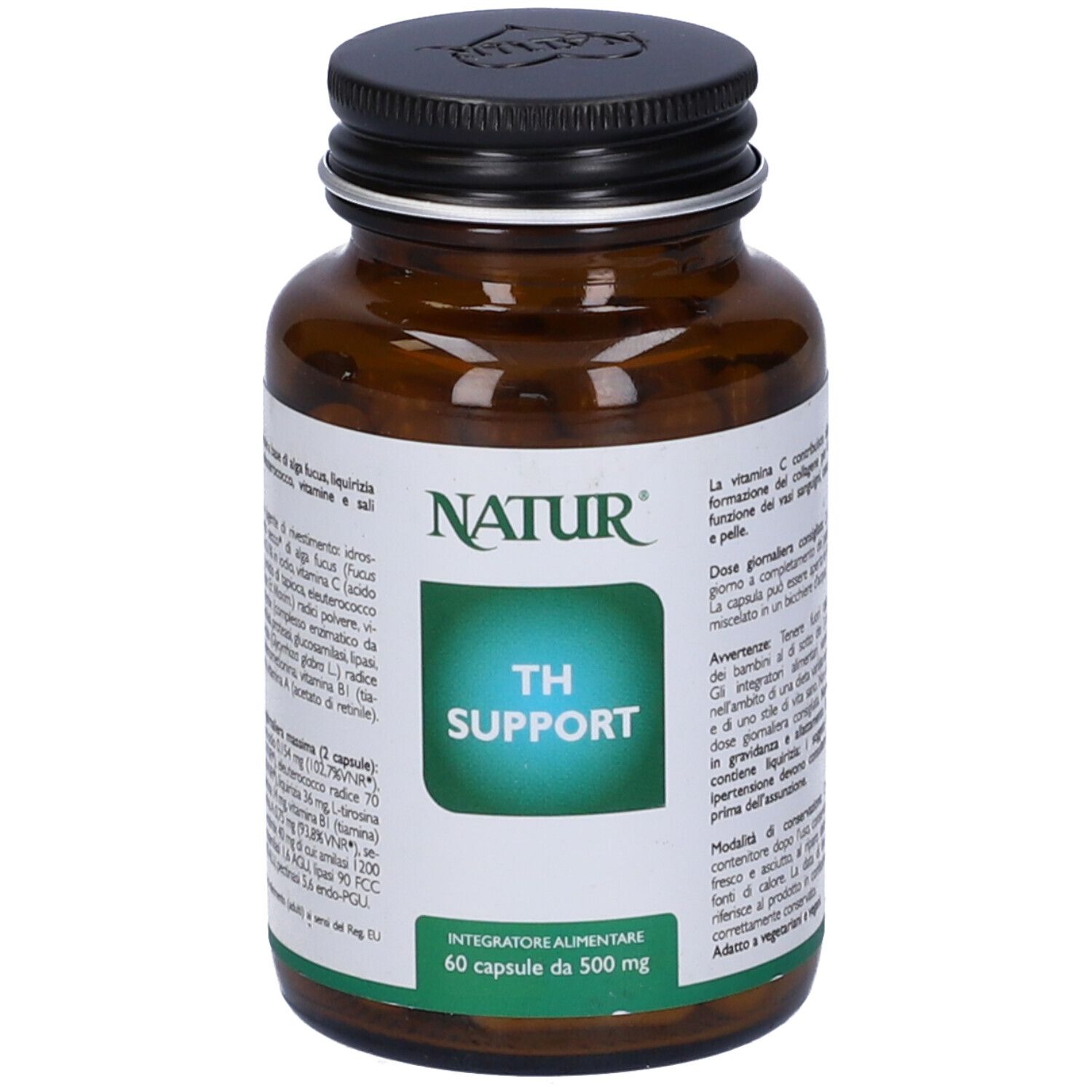 Flacone di vetro marrone con tappo nero. Etichetta con "NATUR" e "TH SUPPORT".