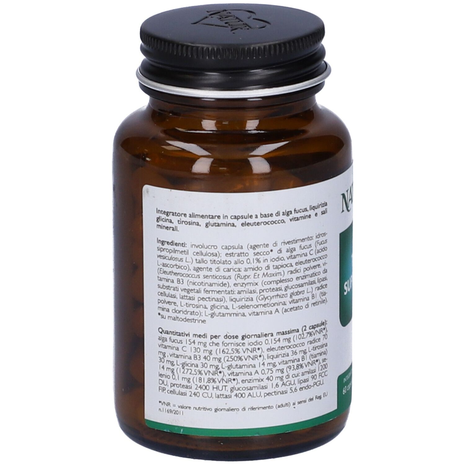 Flacone di vetro marrone con tappo nero. Retro con ingredienti e informazioni nutrizionali.