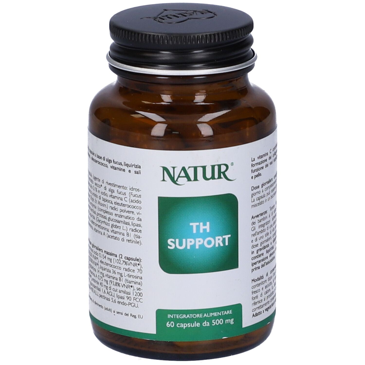 Flacone di vetro marrone con tappo nero. Etichetta con "NATUR" e "TH SUPPORT".