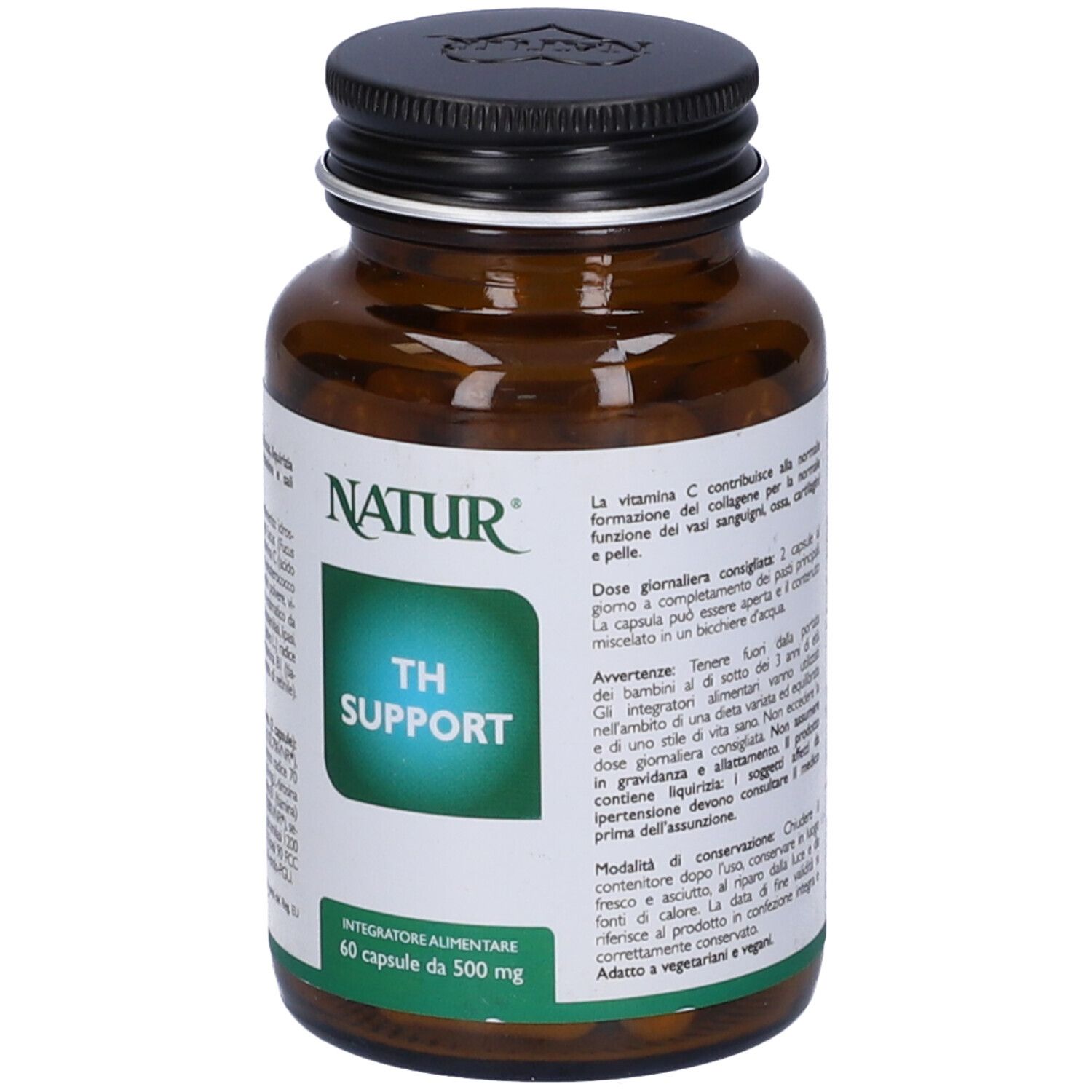 Flacone di vetro marrone con tappo nero. Etichetta con "NATUR" e "TH SUPPORT".