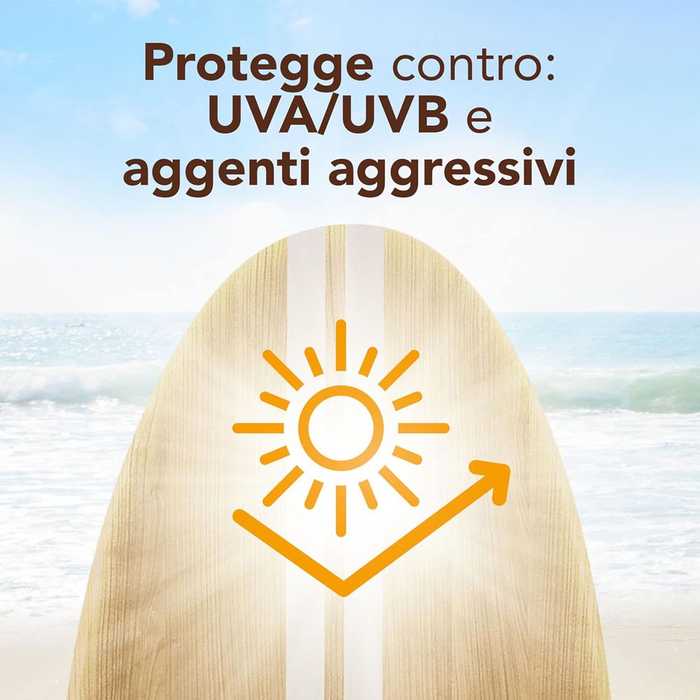 Simbolo dei raggi solari su una tavola da surf. Testo: Protegge contro UVA/UVB e agenti aggressivi.