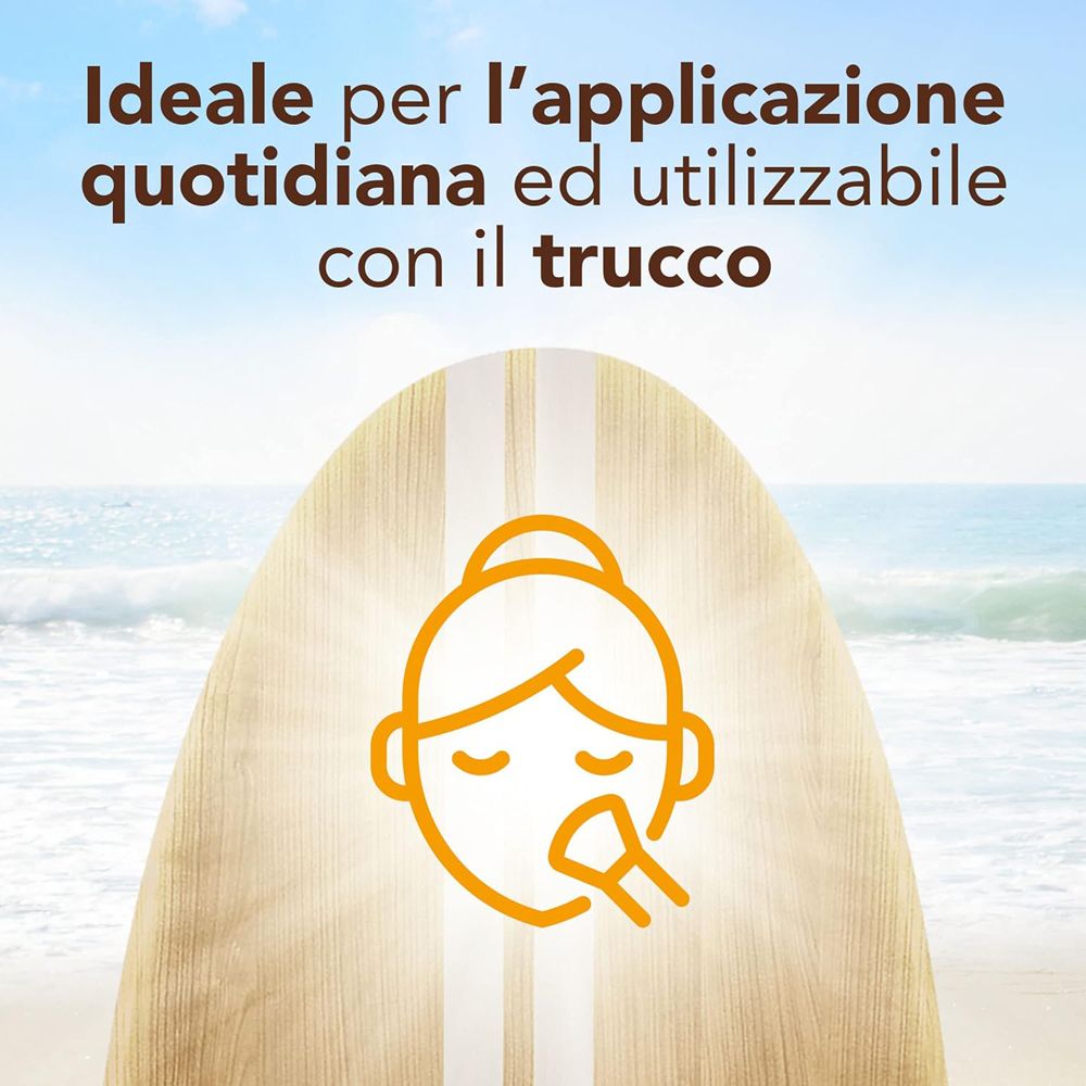 Simbolo di una donna che applica il trucco su una tavola da surf. Testo: Ideale per l'applicazione quotidiana e utilizzabile con il trucco.