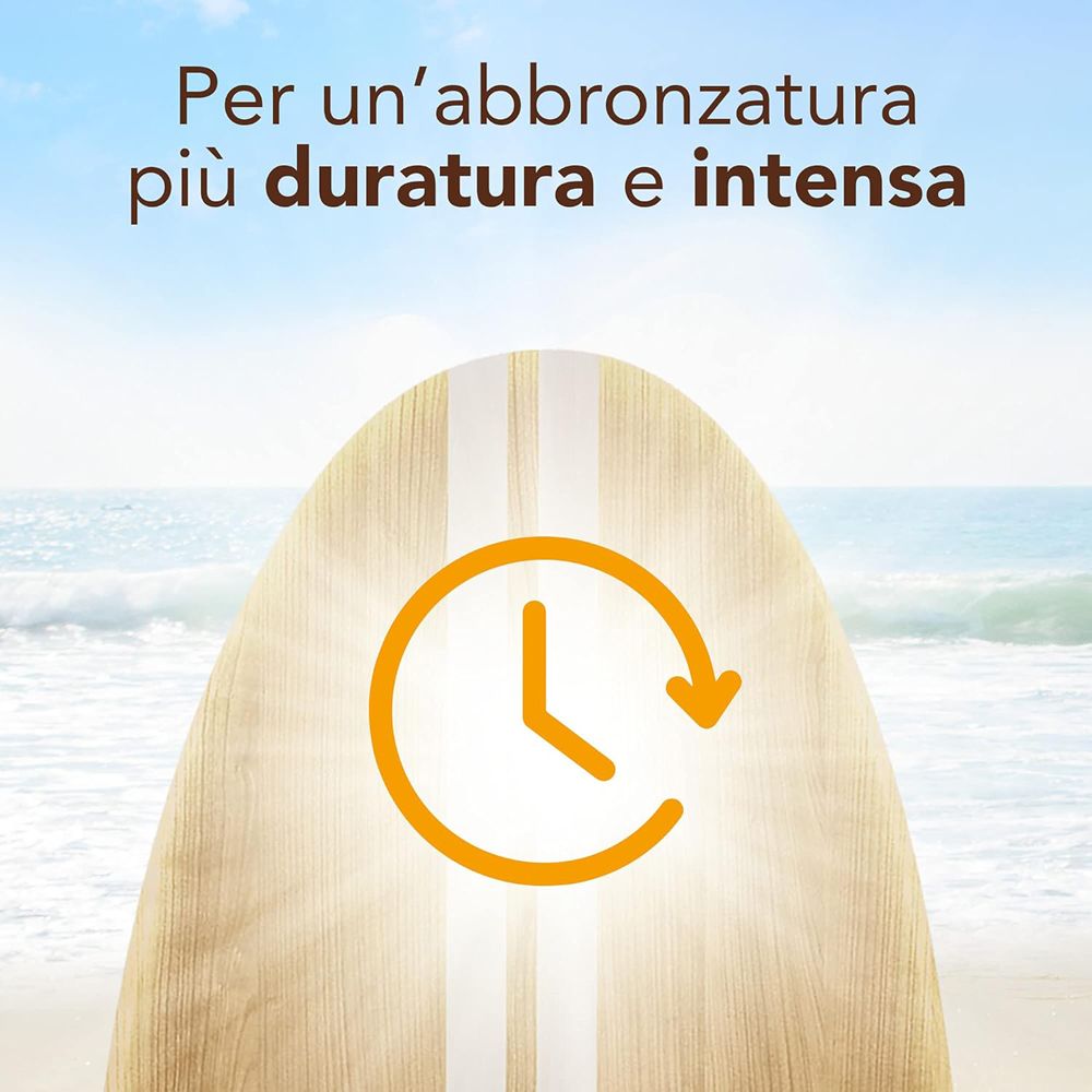 Tavola di legno con simbolo orologio. Testo: 'Per un'abbronzatura più duratura e intensa'.