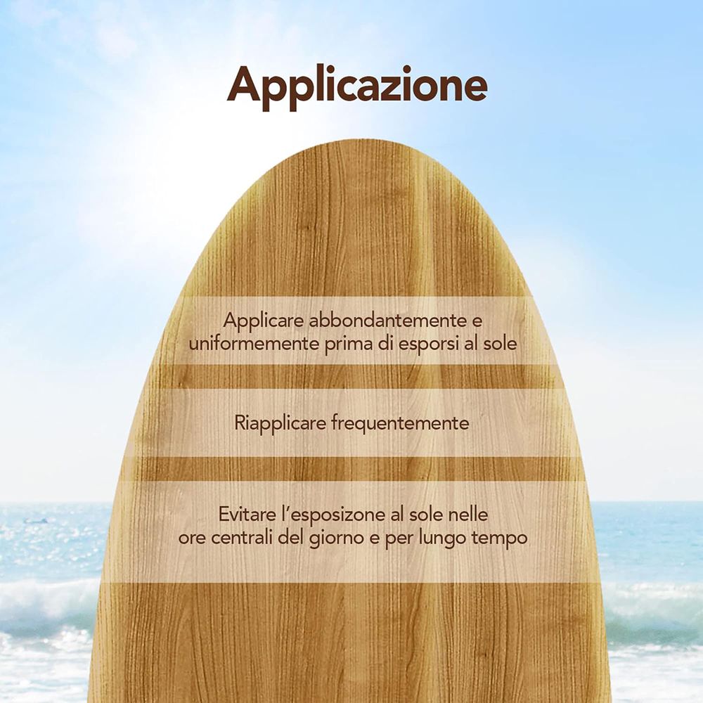 Tavola di legno con testo: 'Applicazione'. Istruzioni per l'applicazione della crema solare.