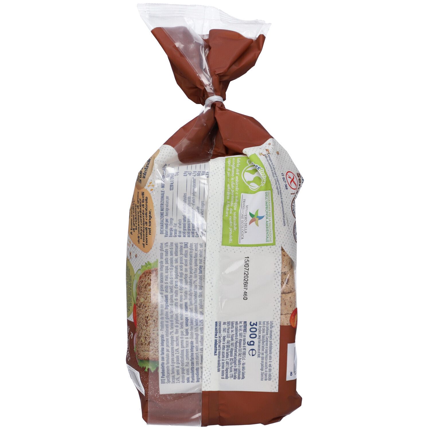 Retro della confezione del pane. Nutrifree Panbauletto Integrale Senza Glutine. Testo e logo visibili. 300g.