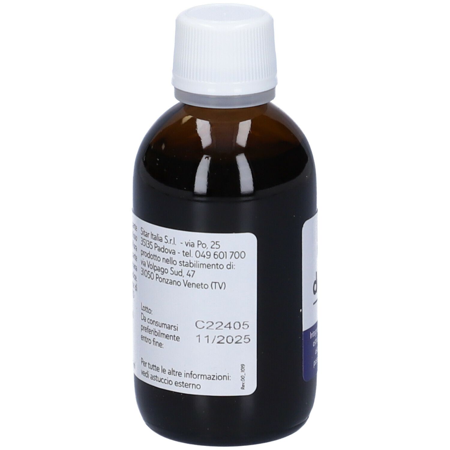 Flacone di vetro marrone con tappo bianco. Etichetta con informazioni del produttore e data di scadenza.