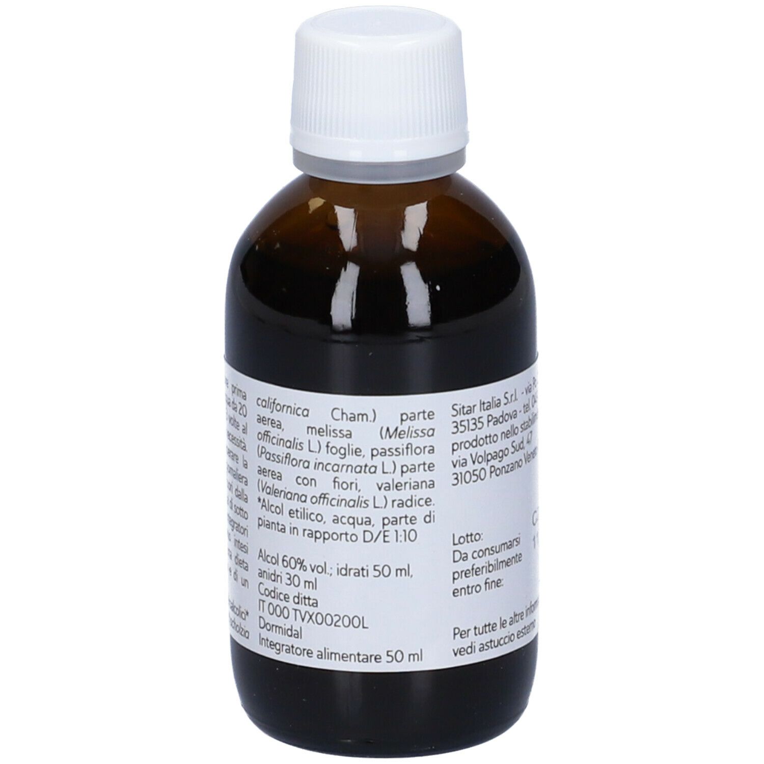 Flacone di vetro marrone con tappo bianco. Etichetta con ingredienti e istruzioni per l'uso.