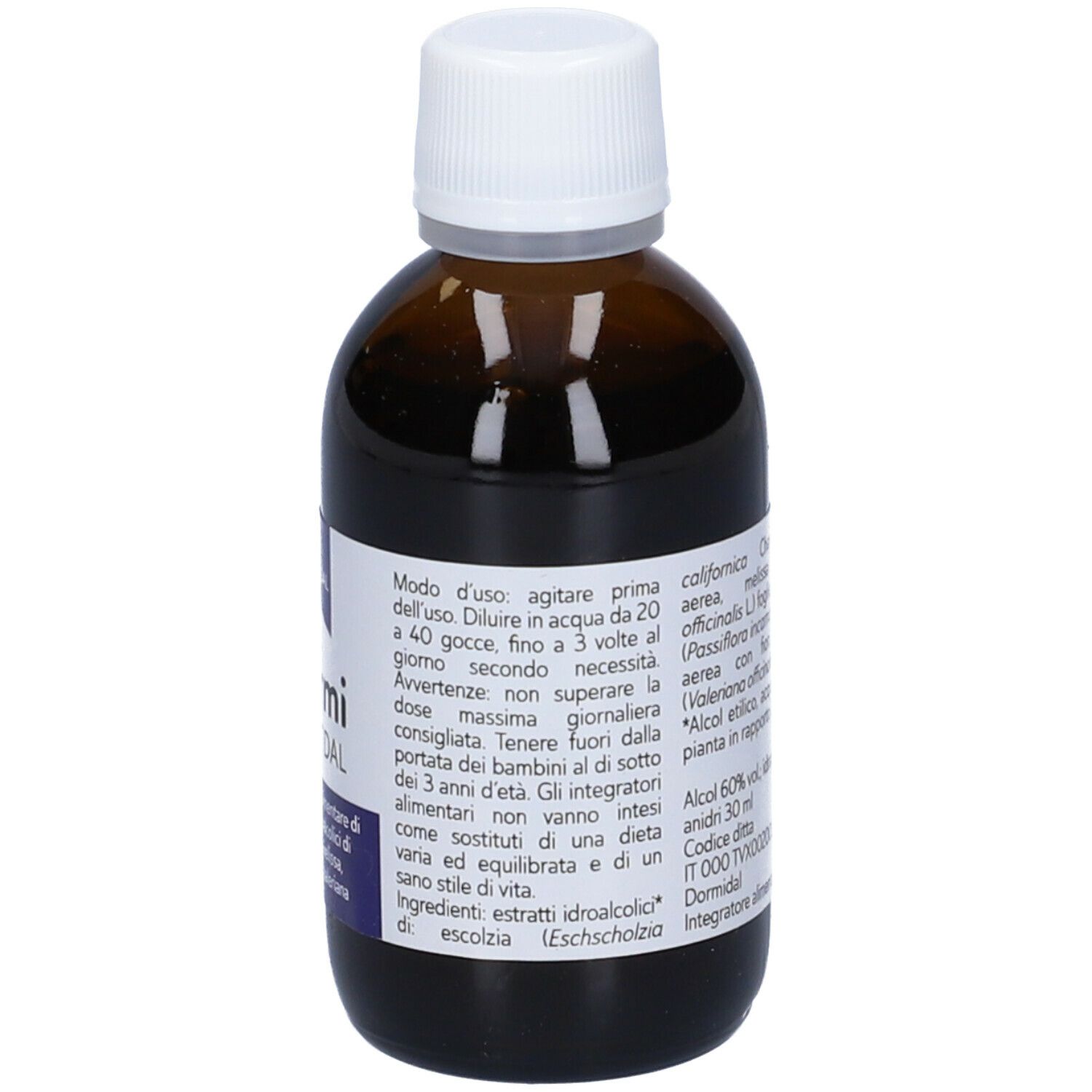 Flacone di vetro marrone con tappo bianco. Etichetta con istruzioni per l'uso e ingredienti.