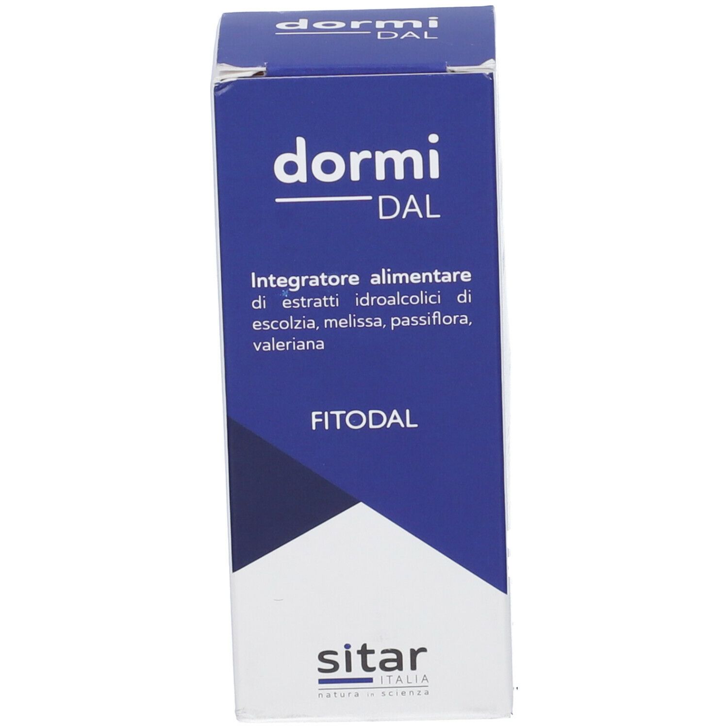 Confezione blu con nome e ingredienti del prodotto. Scritta bianca su sfondo blu.