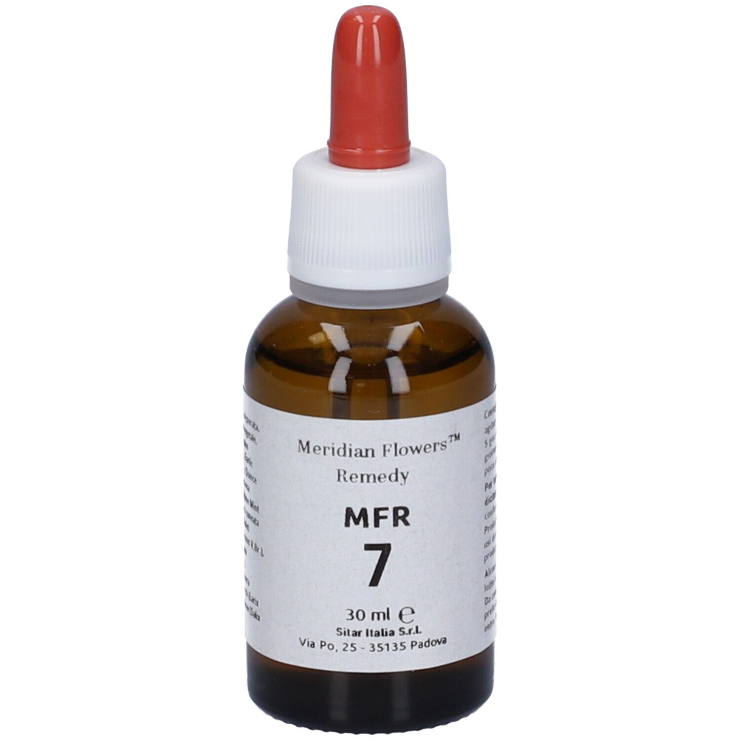 Flacone in vetro marrone con contagocce. Scritta: Meridian Flowers Remedy MFR 7. 30 ml.