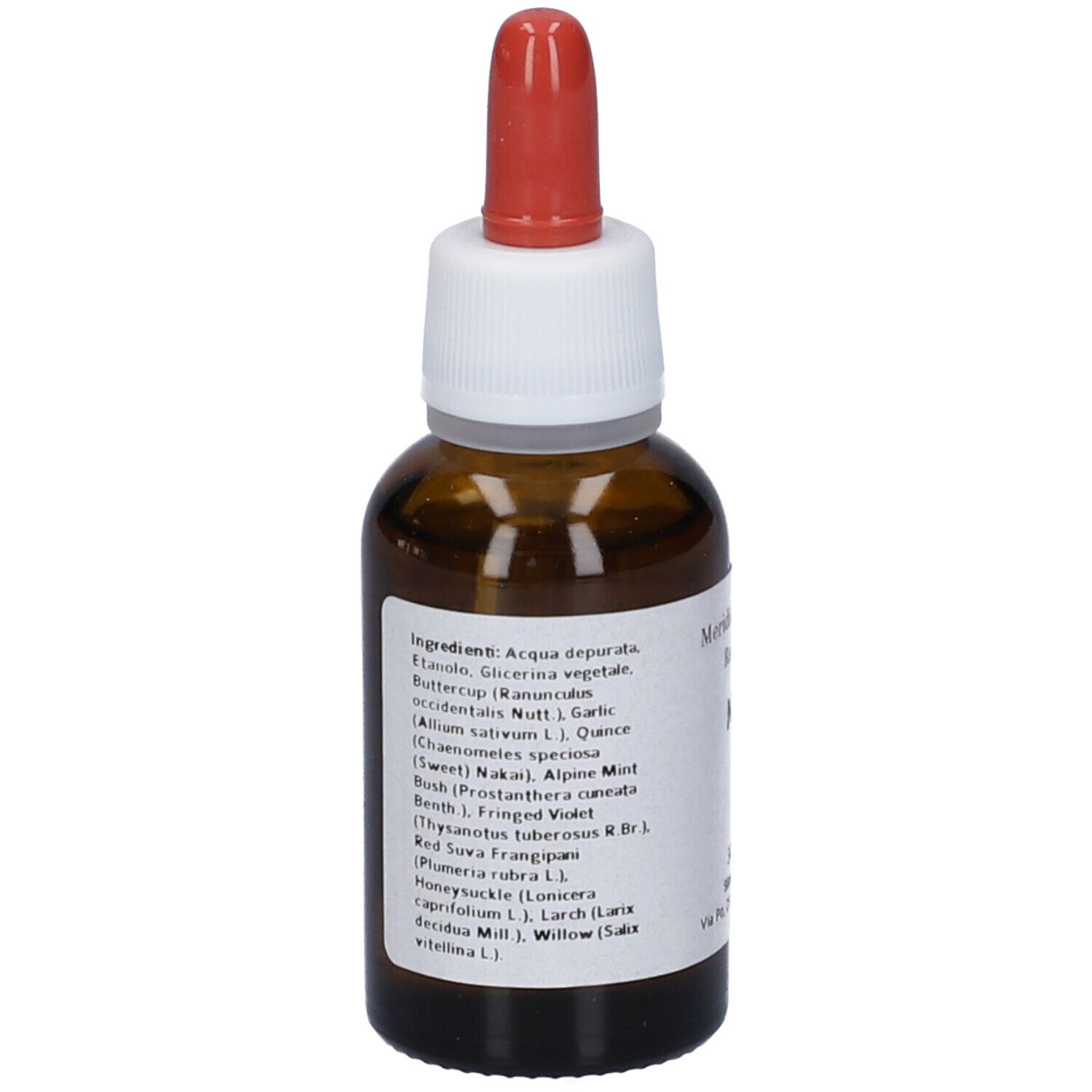 Flacone in vetro marrone con contagocce. Scritta: Meridian Flowers Remedy MFR 7. Elenco ingredienti.