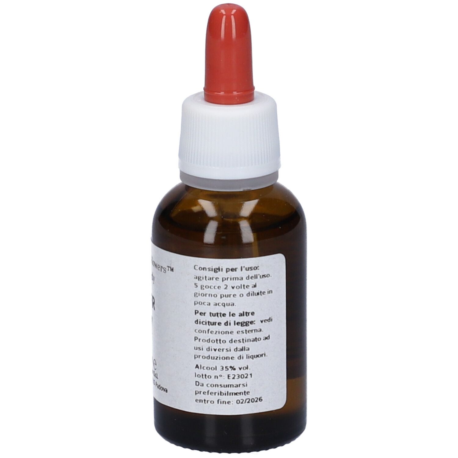 Flacone in vetro marrone con contagocce. Scritta: Meridian Flowers Remedy MFR 7. Istruzioni per l'uso.