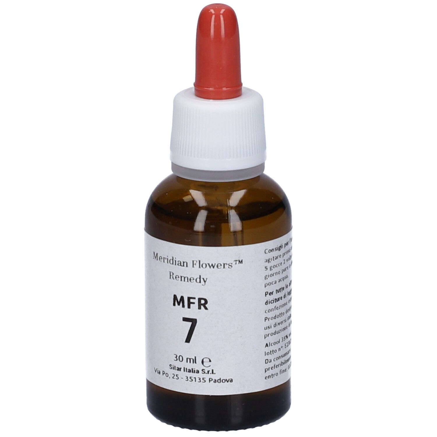 Flacone in vetro marrone con contagocce. Scritta: Meridian Flowers Remedy MFR 7. 30 ml.