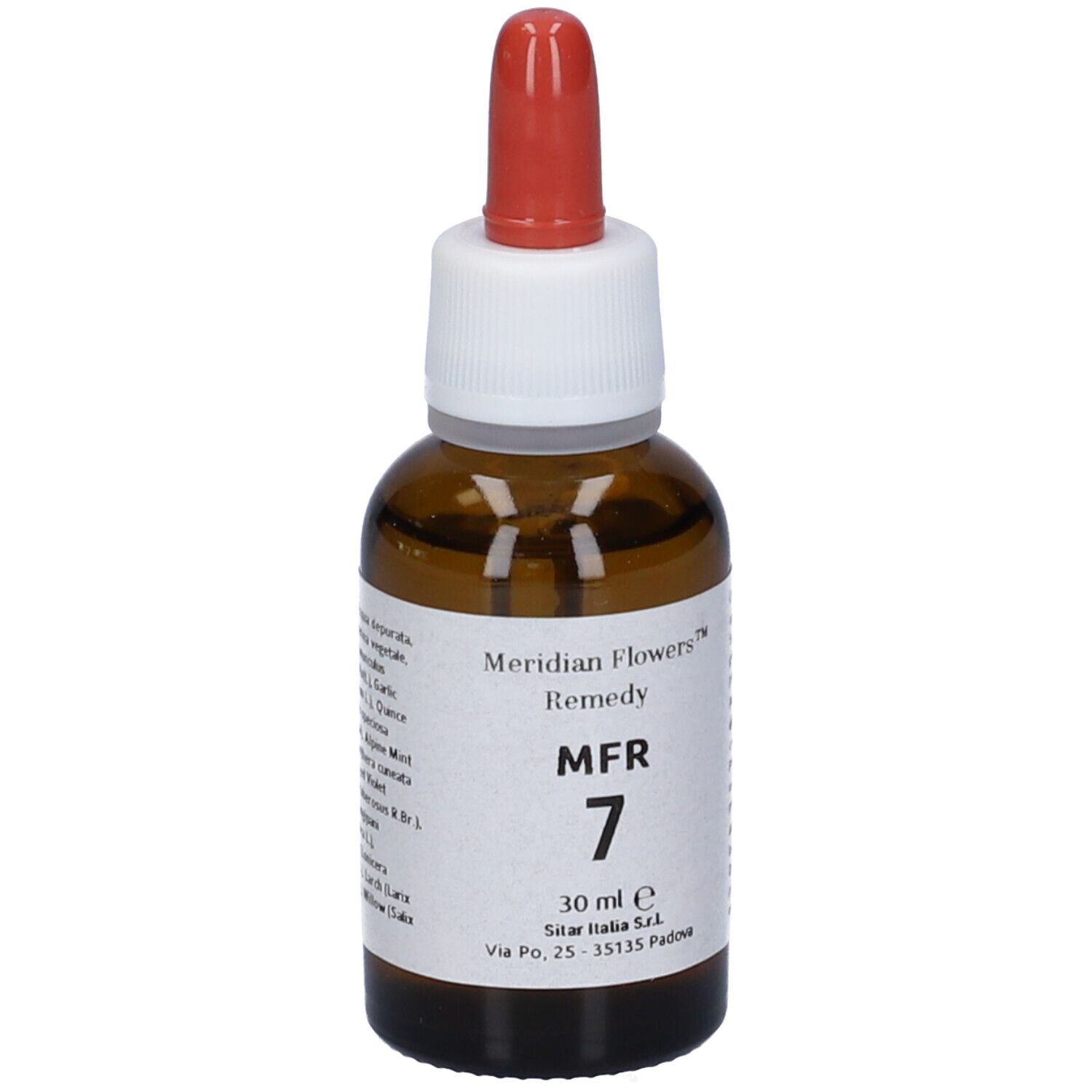 Flacone in vetro marrone con contagocce. Scritta: Meridian Flowers Remedy MFR 7. 30 ml.