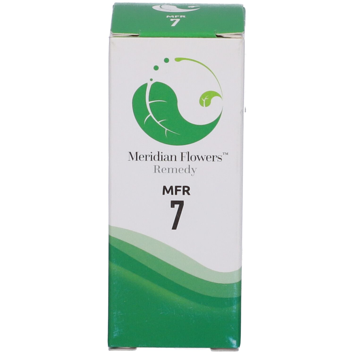 Confezione del prodotto. Scritta: Meridian Flowers Remedy MFR 7. Logo e onde verdi.
