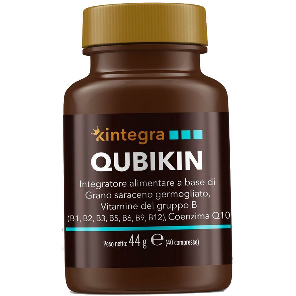 Flacone marrone di Qubikin Kintegravit, tappo dorato. Contiene vitamine B e Q10. Peso netto 44g.