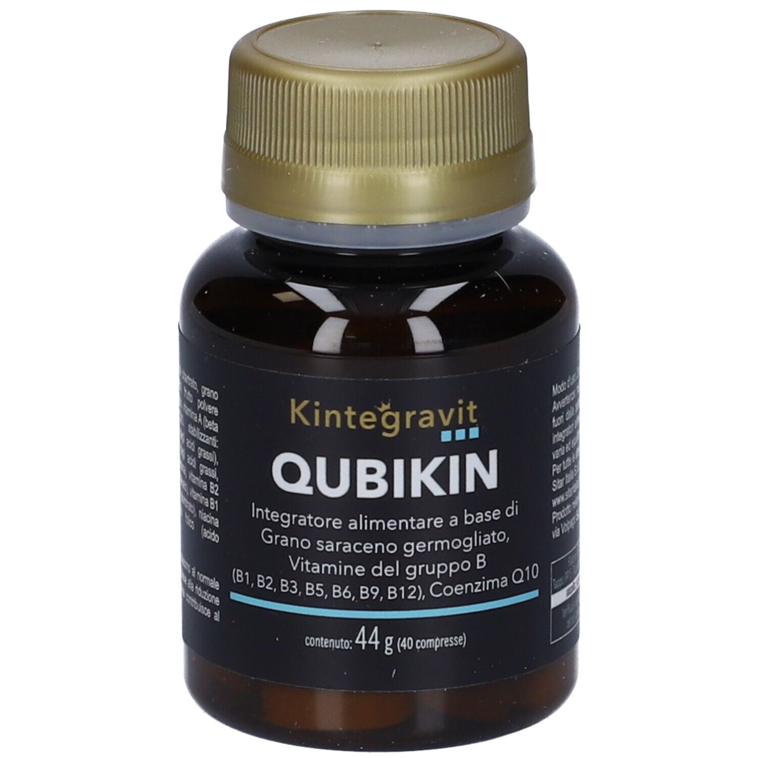Flacone marrone di Qubikin Kintegravit, tappo dorato. Contiene vitamine B e Q10. Peso netto 44g.