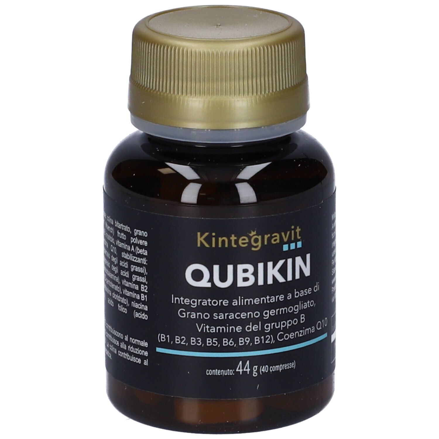 Flacone marrone di Qubikin Kintegravit, tappo dorato. Contiene vitamine B e Q10. Peso netto 44g.