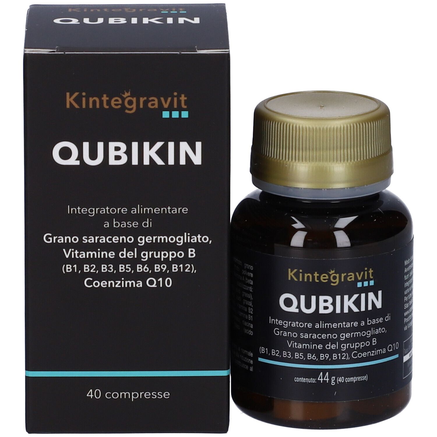 Confezione del prodotto: scatola nera con Qubikin, Kintegravit. Contiene vitamine B e Q10. 40 compresse.