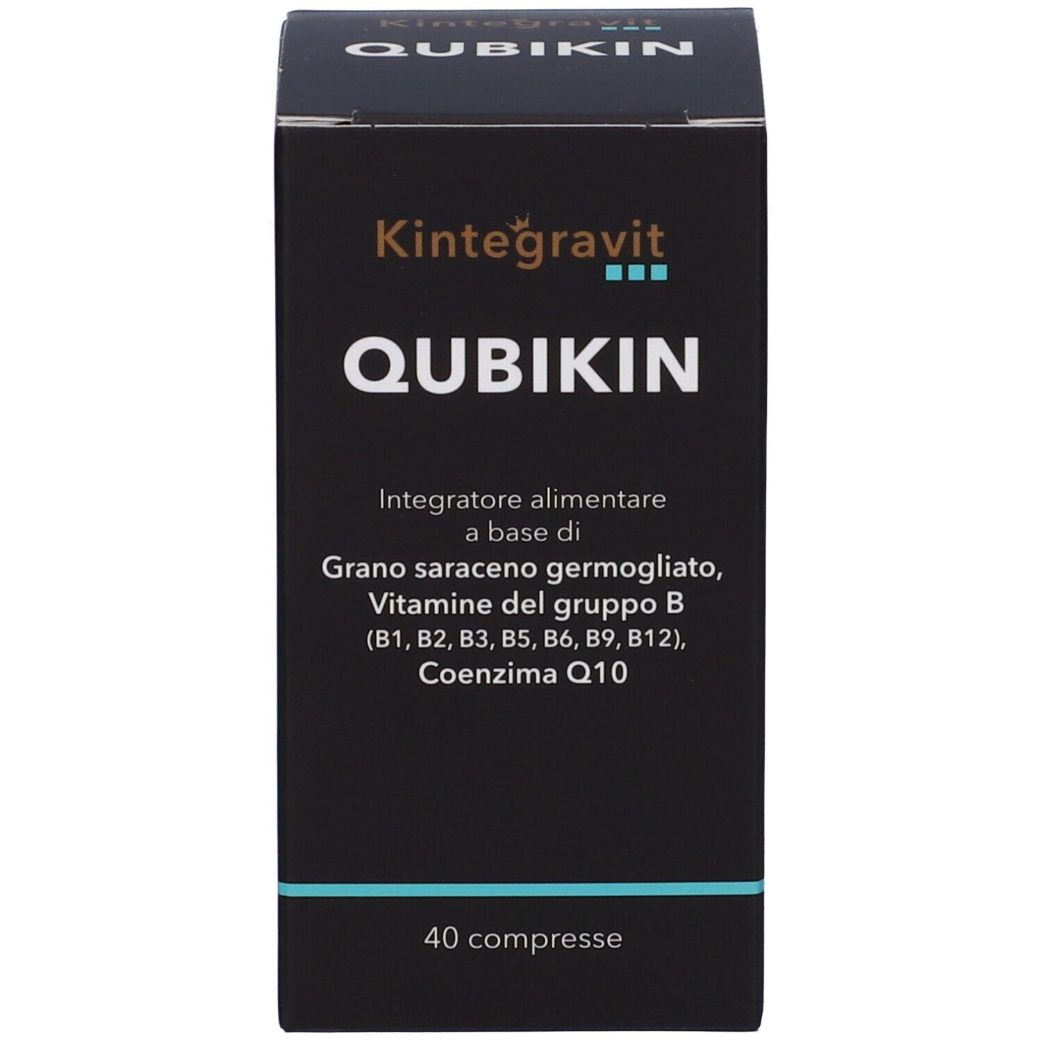 Scatola nera con Qubikin, Kintegravit. Contiene vitamine B e Q10. 40 compresse.