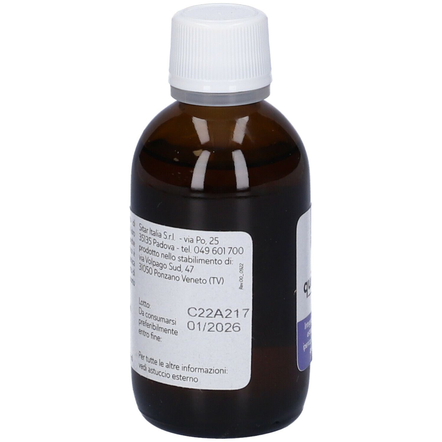 Flacone di vetro marrone con tappo bianco. Scritta: Quietodal. Retro con testo e numero di lotto.