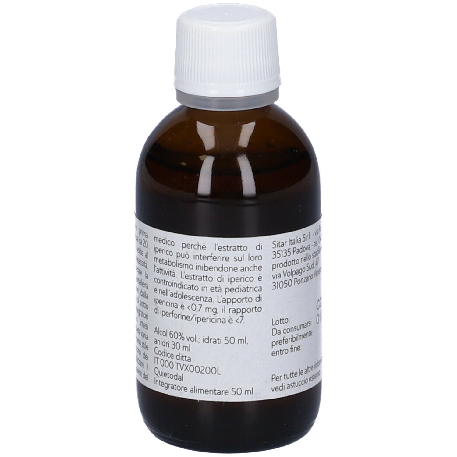 Flacone di vetro marrone con tappo bianco. Scritta: Quietodal. Retro con testo e numero di lotto.