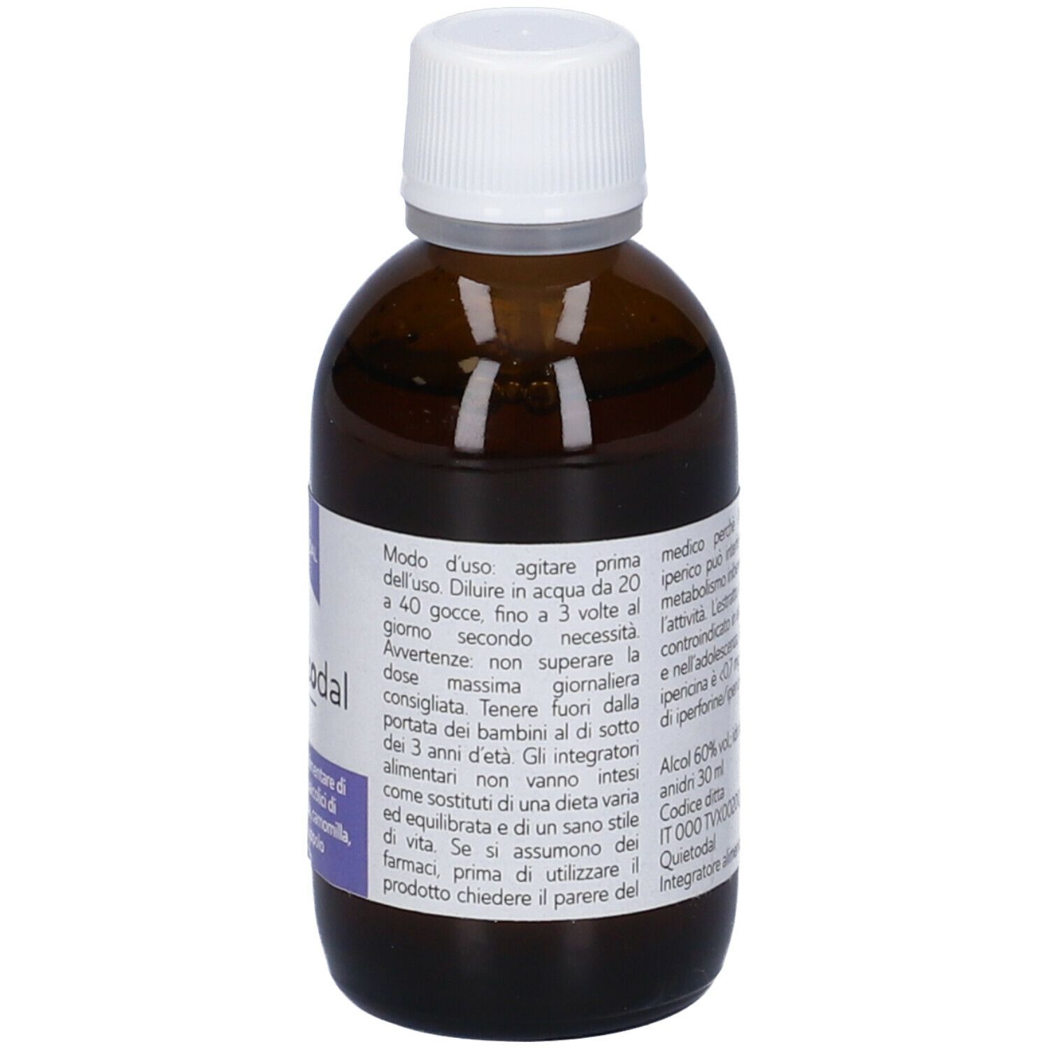 Flacone di vetro marrone con tappo bianco. Scritta: Quietodal. Retro con testo e numero di lotto.