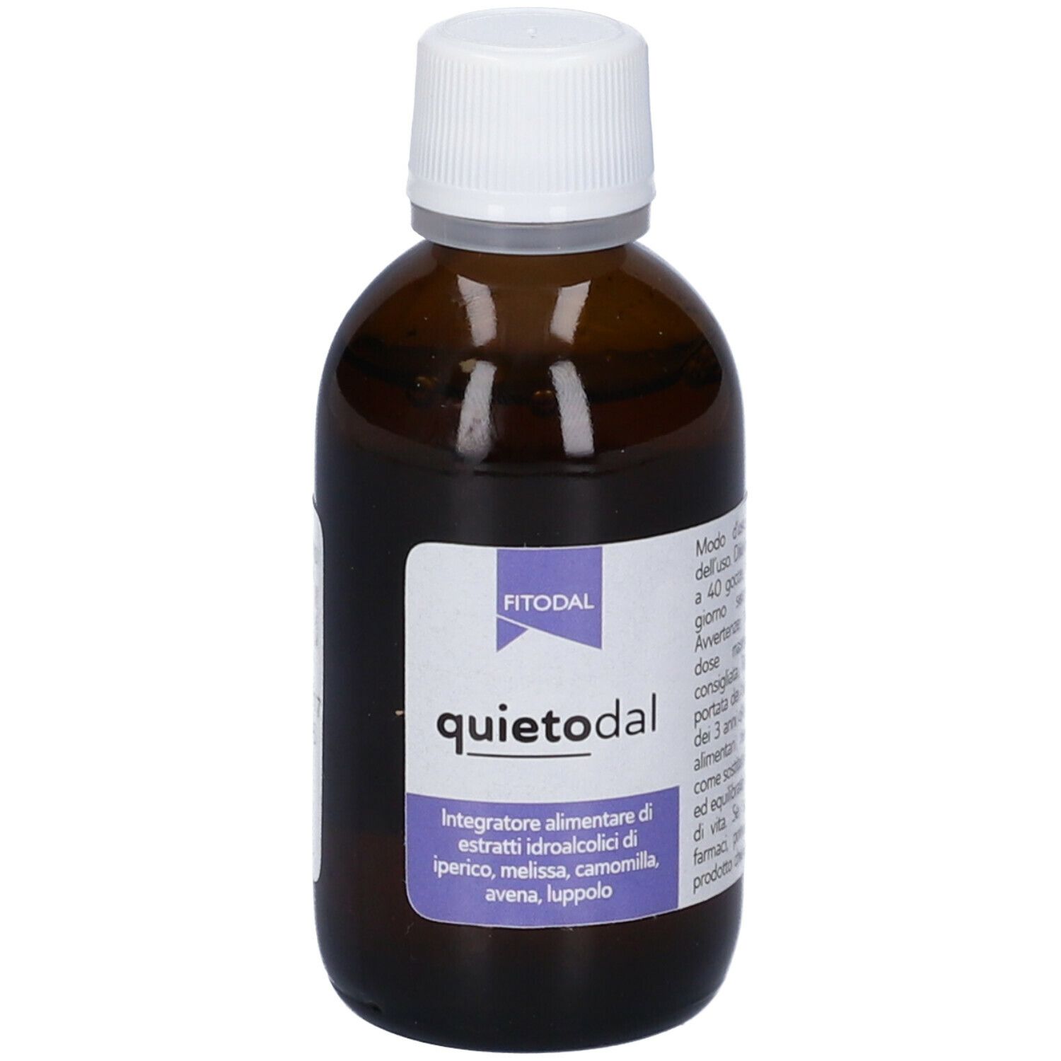 Flacone di vetro marrone con tappo bianco. Scritta: Quietodal. Retro con testo e numero di lotto.