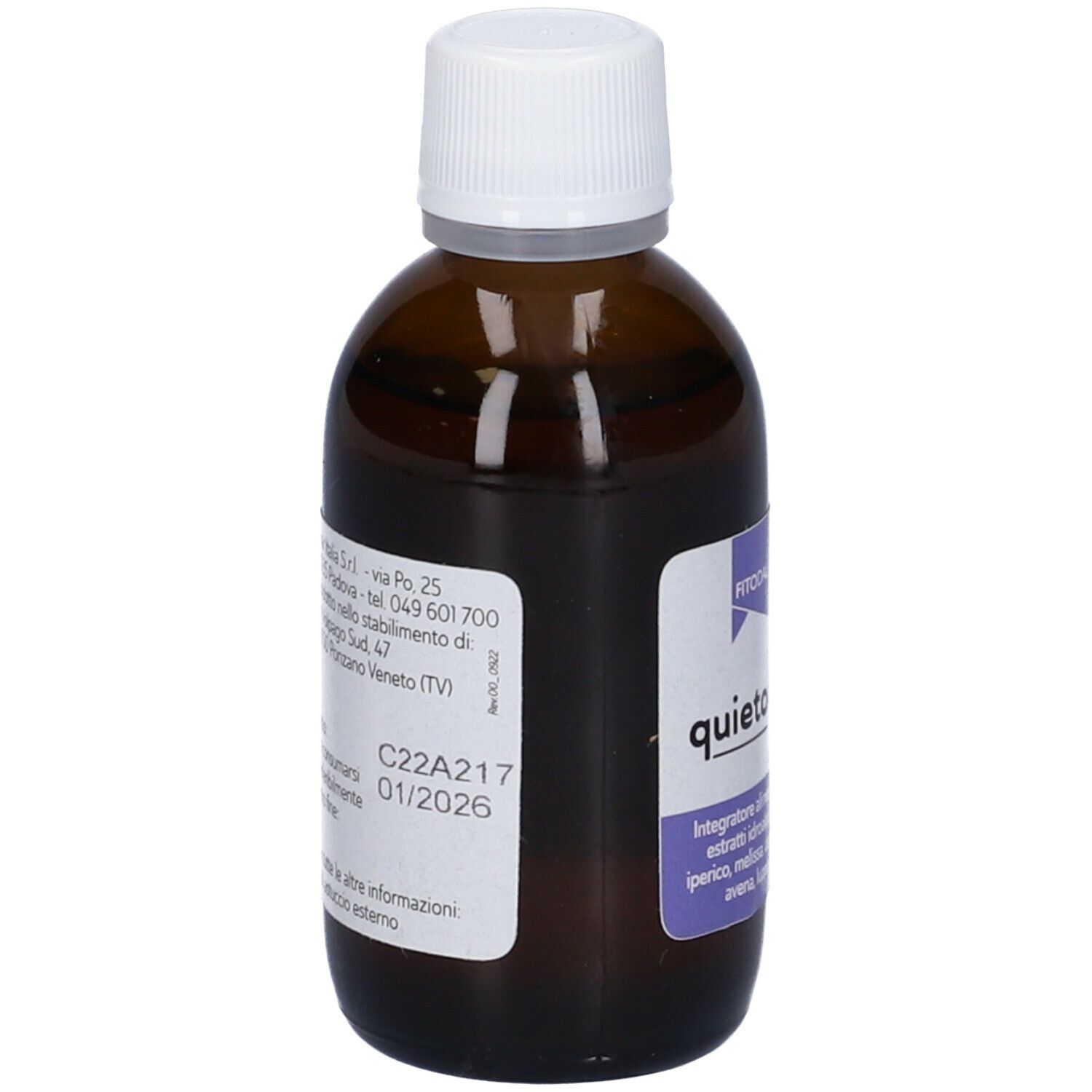 Flacone di vetro marrone con tappo bianco. Scritta: Quietodal. Retro con testo e numero di lotto.