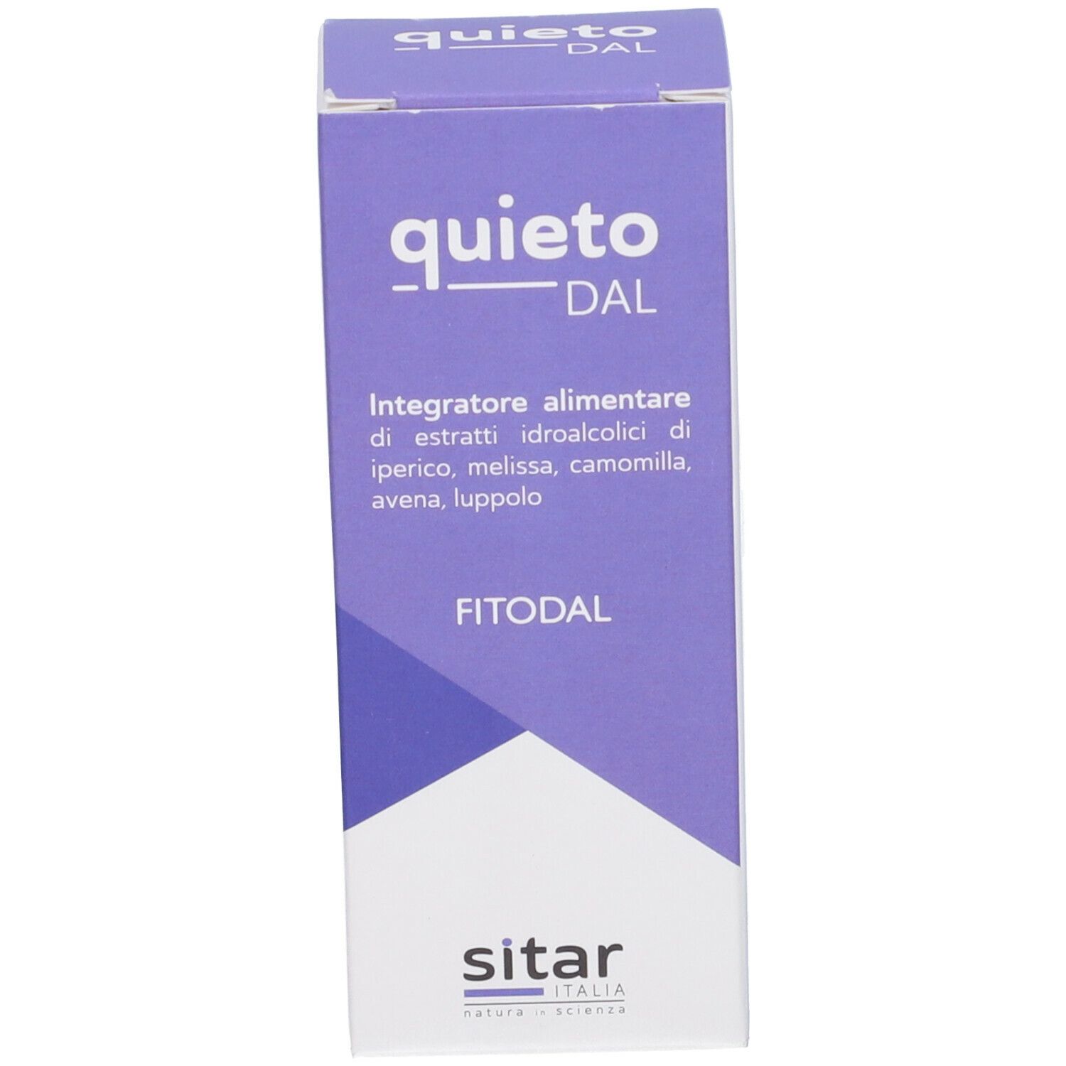 Confezione con scritta: Quietodal, Fitodal. Design viola e bianco.