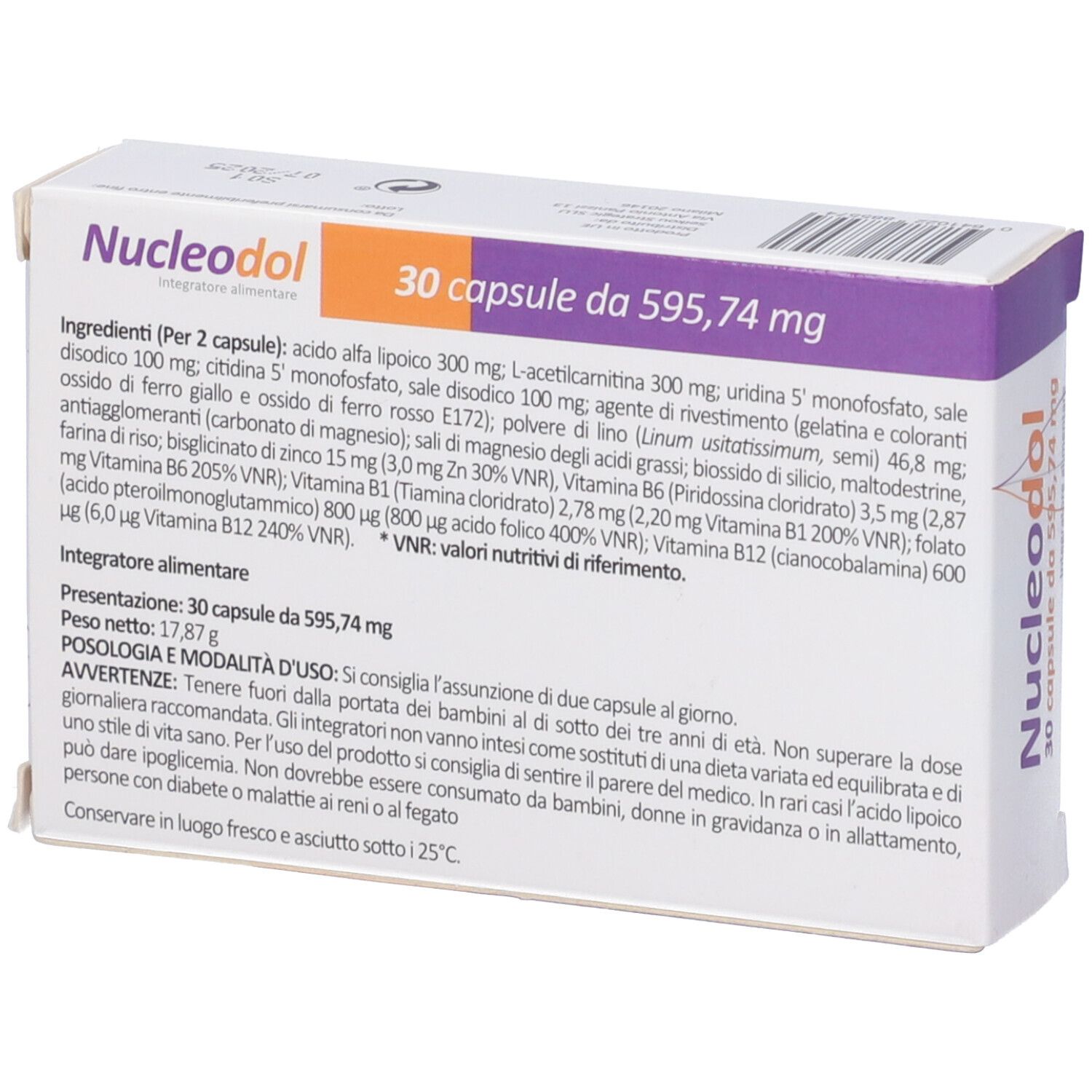 Retro della scatola Nucleodol. Testo con ingredienti, dosaggio e avvertenze. 30 capsule.