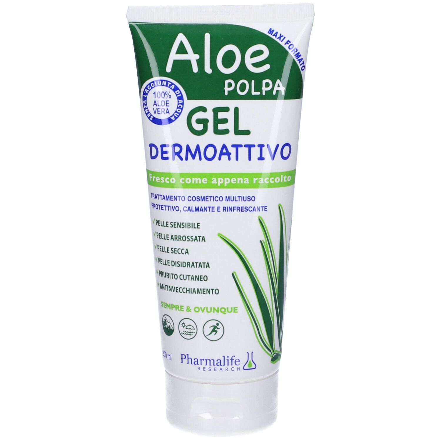 Tubo bianco e verde. Testo: Aloe Polpa Gel Dermoattivo. Formato maxi. 100% Aloe Vera. Per pelli sensibili. Contiene aloe vera.