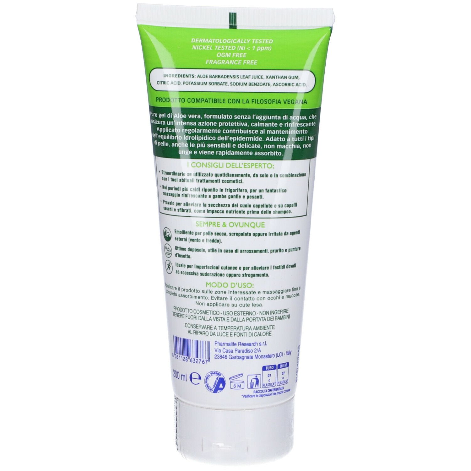 Retro del tubo. Testo: ingredienti, vegano, istruzioni per l'uso. Dermatologicamente testato. Testato al nichel. Senza profumo. 200 ml.