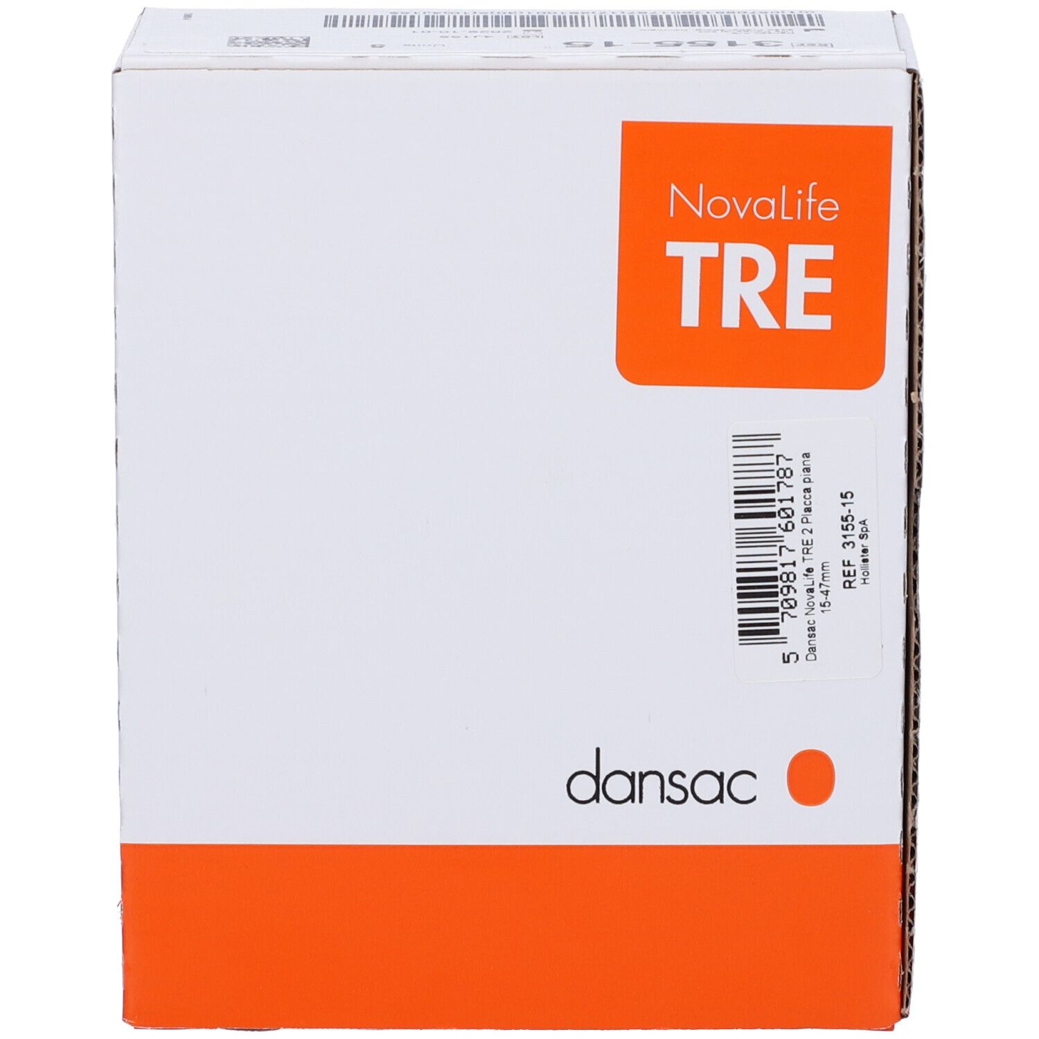 Scatola bianca con riquadro arancione e nome del prodotto Novalife TRE. Logo Dansac.