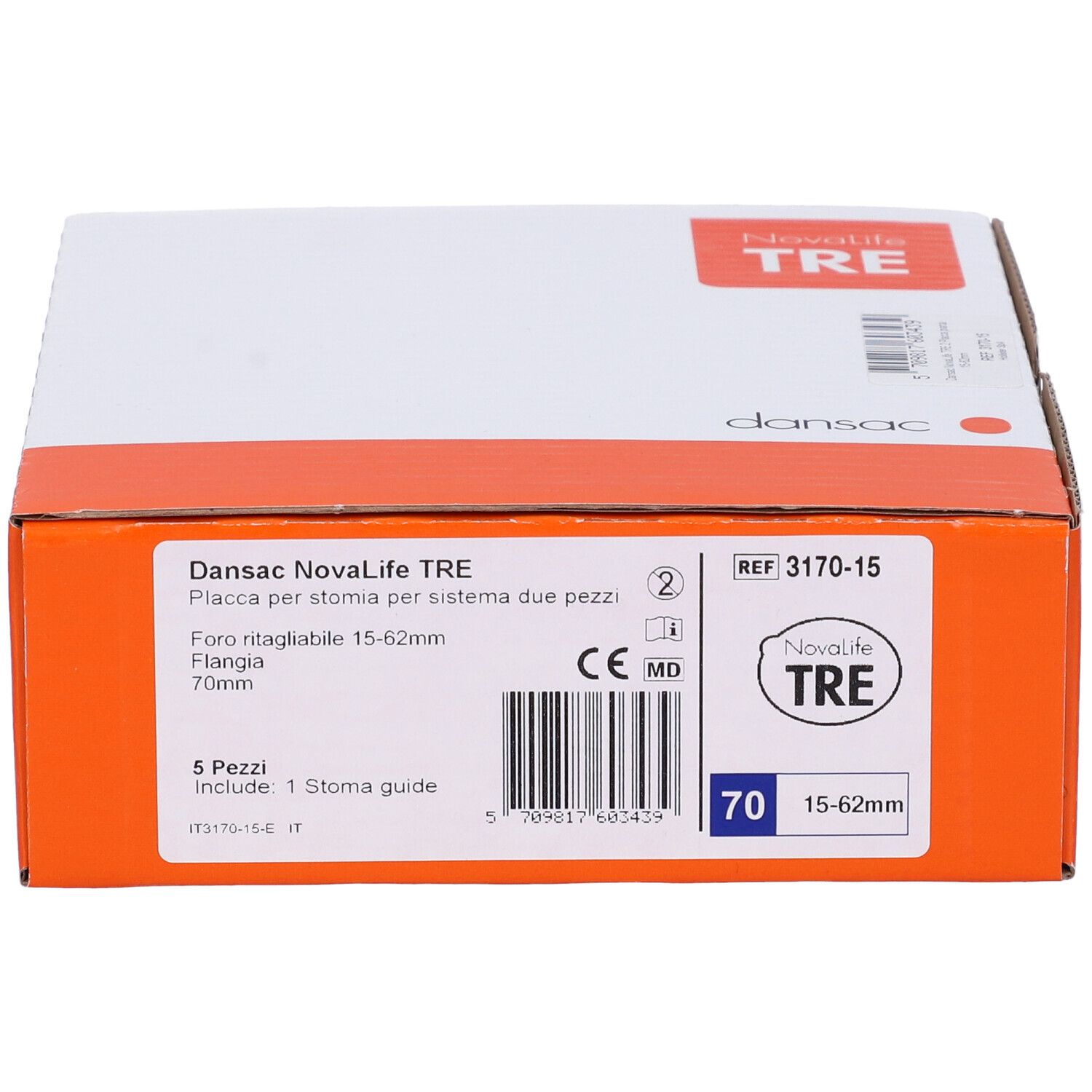 Confezione in cartone Dansac Novalife TRE. Informazioni sul prodotto, marchio CE. Contiene 5 pezzi. Flangia 70mm.