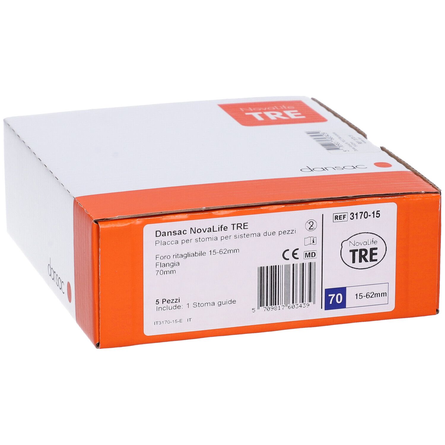 Confezione in cartone Dansac Novalife TRE. Informazioni sul prodotto, marchio CE. Contiene 5 pezzi. Flangia 70mm.