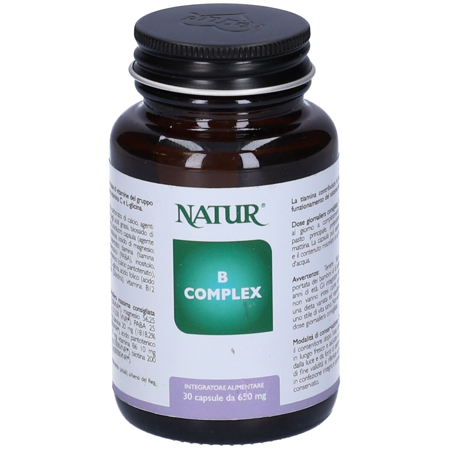 Flacone di vetro marrone con tappo nero. Etichetta "B COMPLEX" e logo "NATUR". 30 capsule.