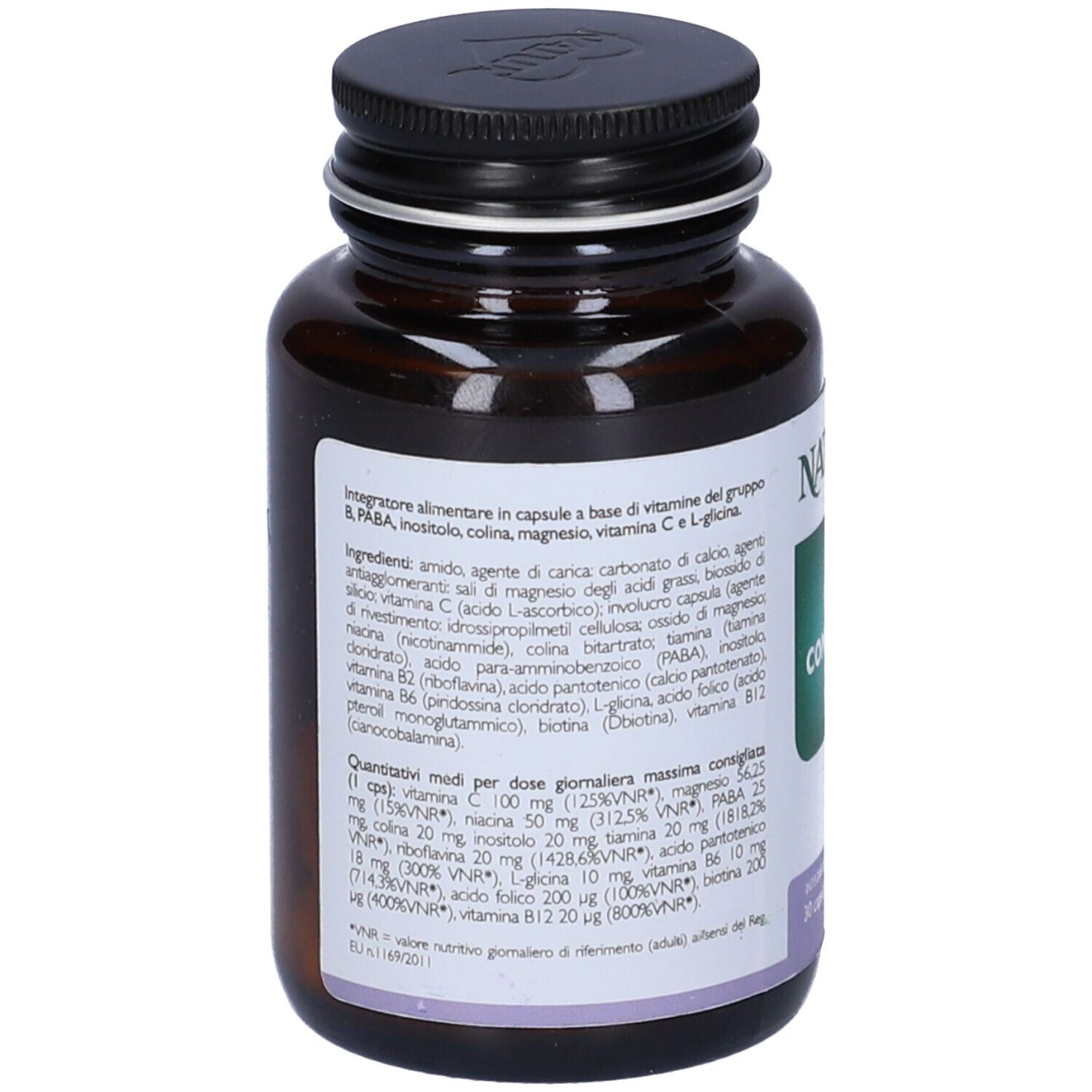 Retro del flacone di vetro marrone. Contiene ingredienti e informazioni nutrizionali. Tappo nero.