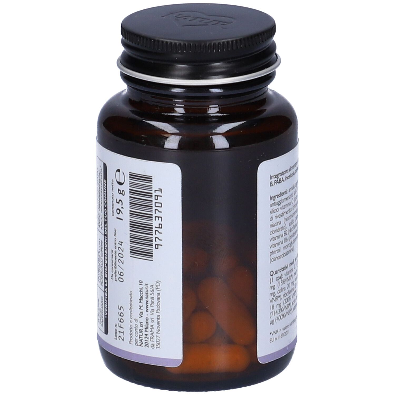 Flacone di vetro marrone con capsule. Etichetta con numero di lotto e data di scadenza. Tappo nero.