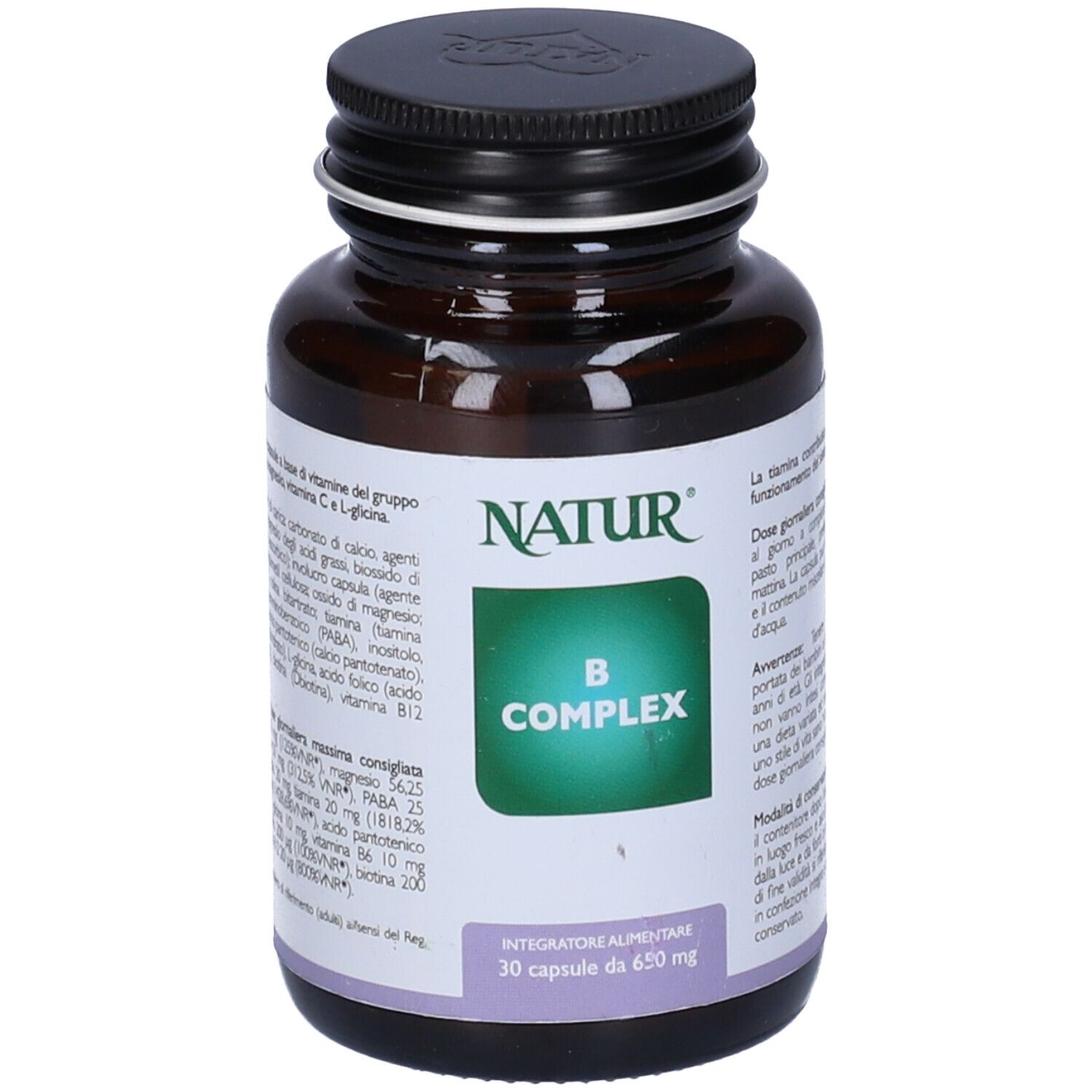 Flacone di vetro marrone con tappo nero. Etichetta "B COMPLEX" e logo "NATUR". 30 capsule.