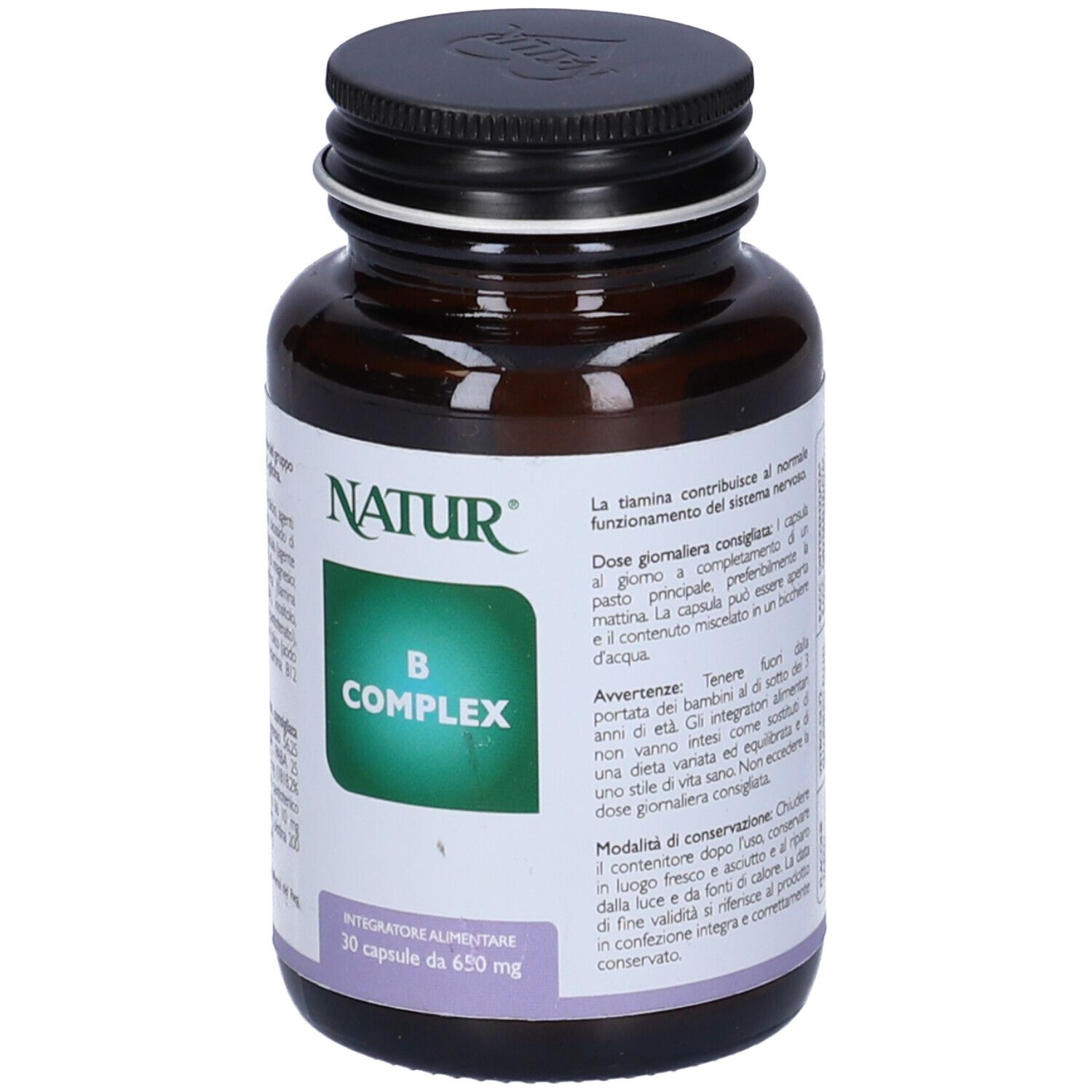 Flacone di vetro marrone con tappo nero. Etichetta "B COMPLEX" e logo "NATUR". 30 capsule.