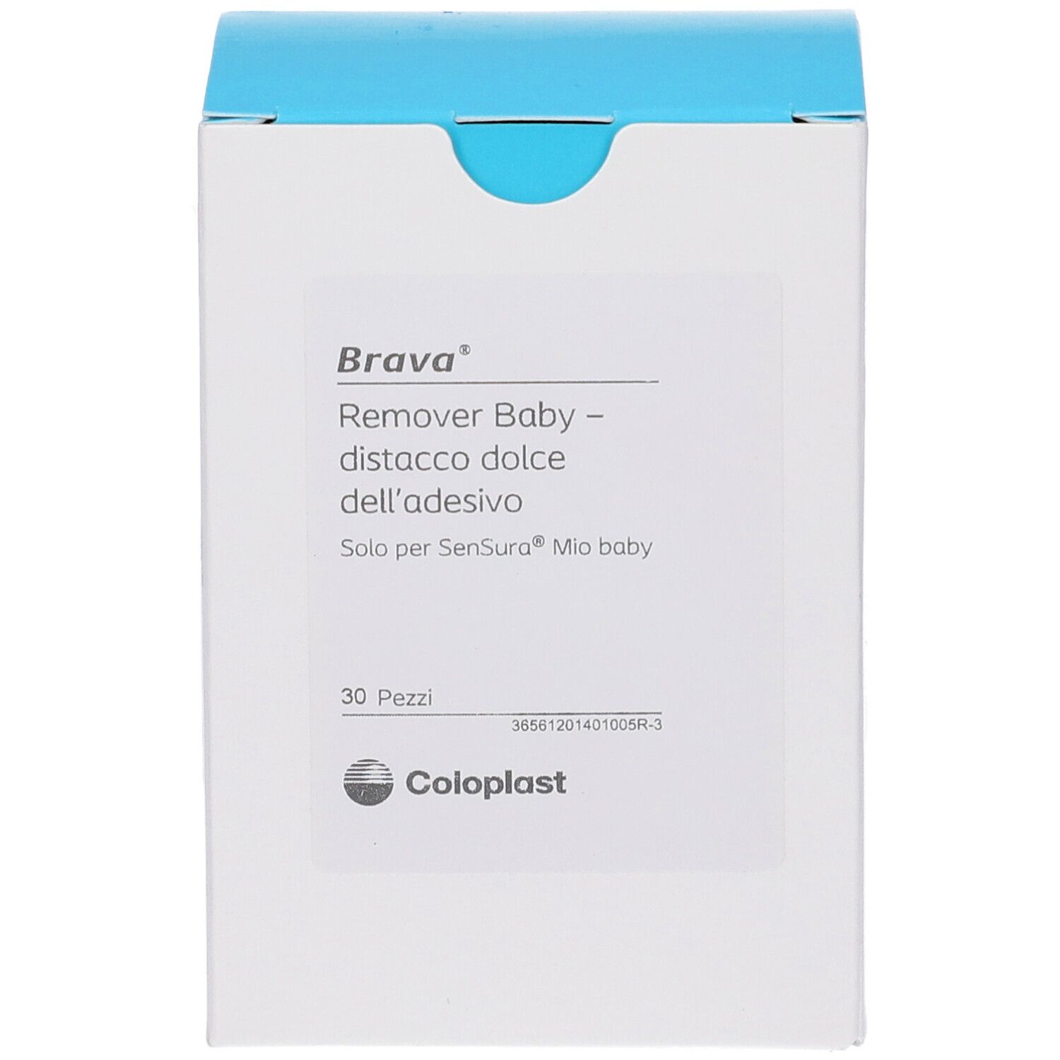 Scatola bianca con coperchio blu. Scritta: Brava Remover Baby, 30 pezzi. Logo Coloplast.