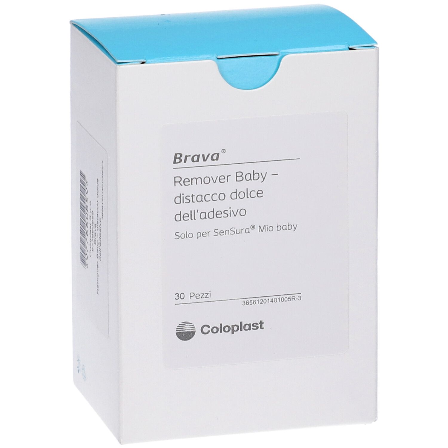 Scatola bianca con coperchio blu. Scritta: Brava Remover Baby, 30 pezzi. Logo Coloplast.