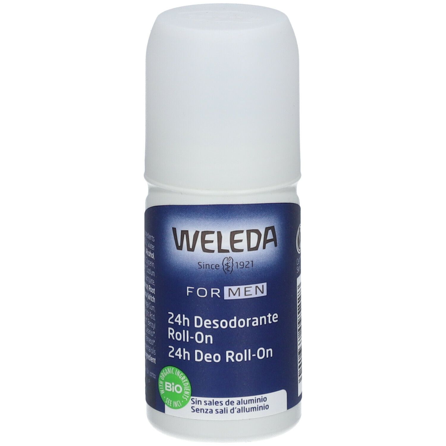 Weleda Men 24h Deo Roll-on. Flacone bianco con etichetta blu. Testo: 24h Desodorante Roll-On, logo Bio. Senza sali di alluminio.