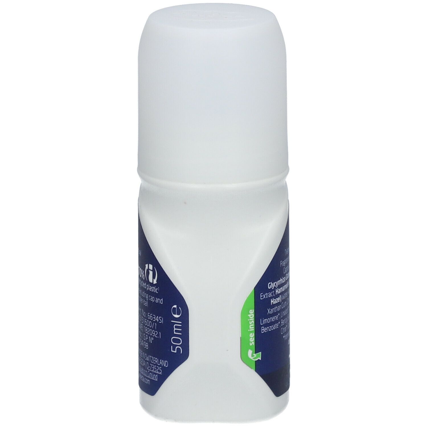 Weleda Men 24h Deo Roll-on. Flacone bianco con etichetta blu. Testo: 50ml, Ingredienti, 24h Desodorante Roll-On, logo Bio.