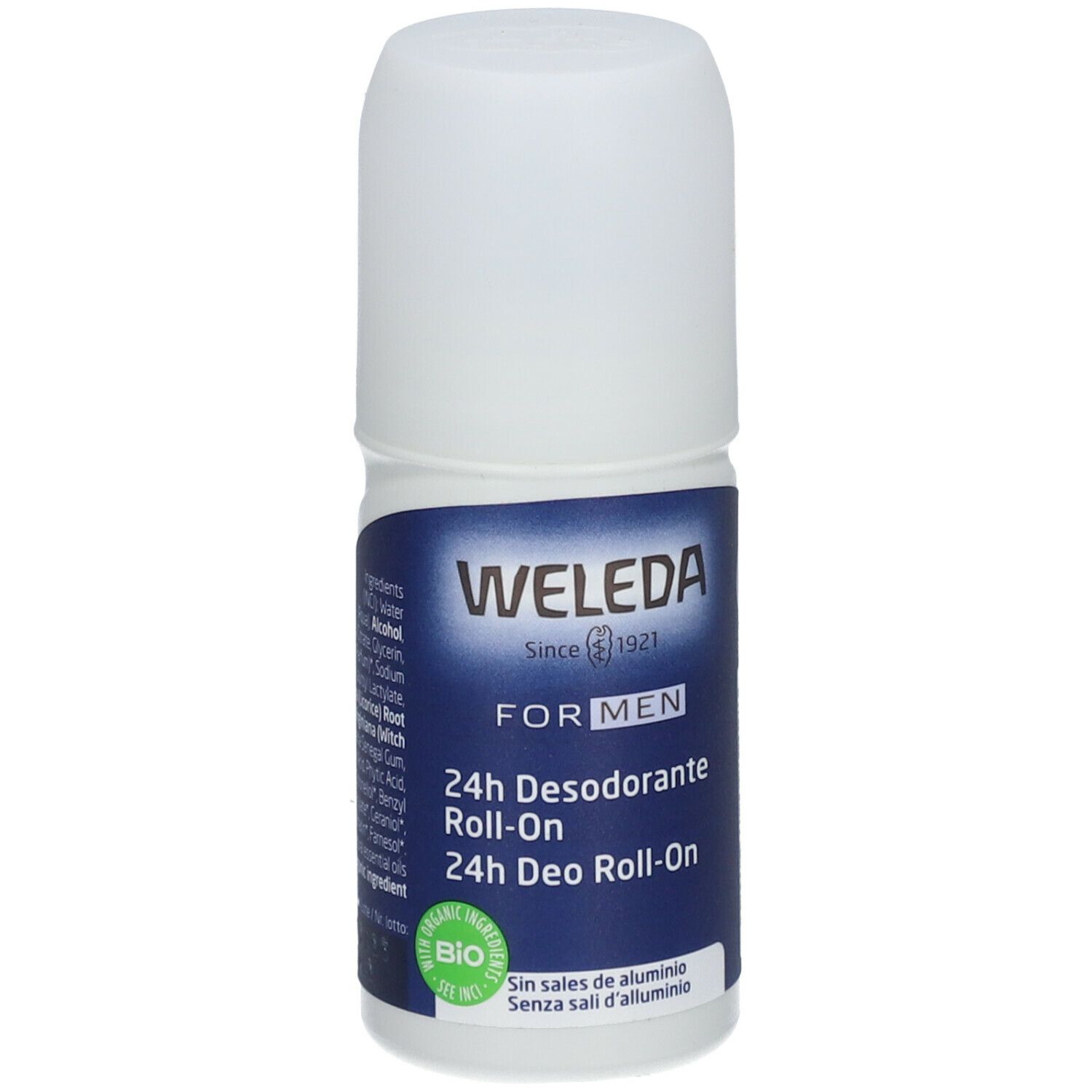 Weleda Men 24h Deo Roll-on. Flacone bianco con etichetta blu. Testo: 24h Desodorante Roll-On, logo Bio. Senza sali di alluminio.
