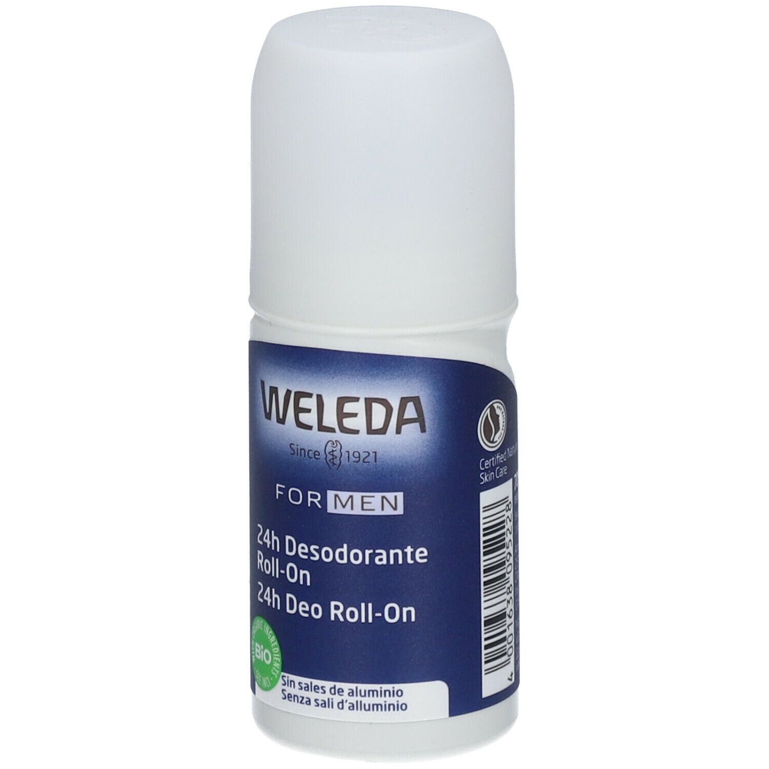 Weleda Men 24h Deo Roll-on. Flacone bianco con etichetta blu. Testo: 24h Desodorante Roll-On, logo Bio, certificazione.